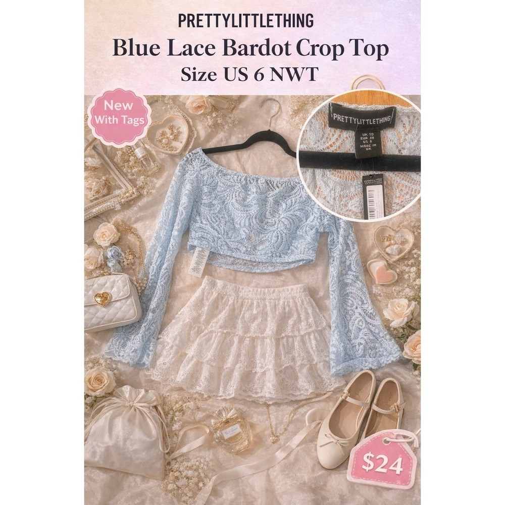 PrettyLittleThing Blue Lace Bardot Crop Top‎ Long Sleeve Size US 6 NWT